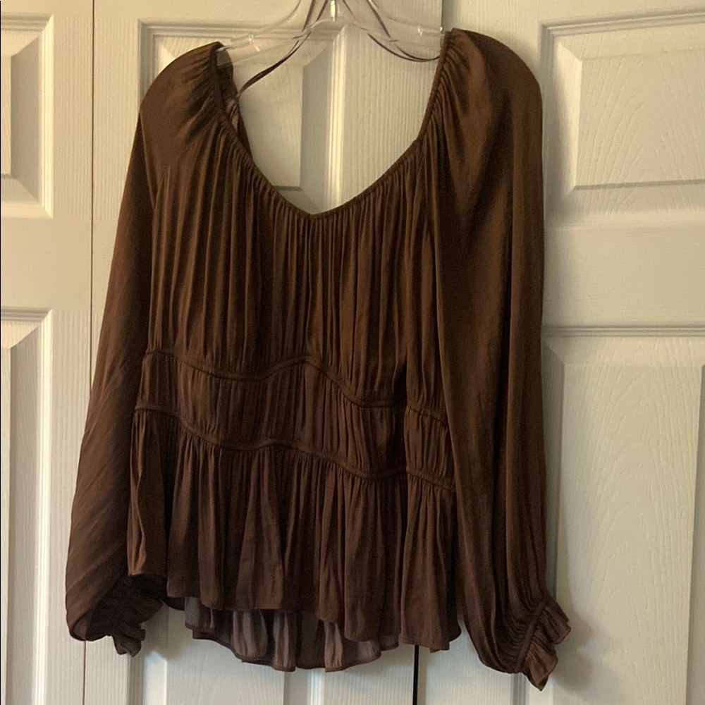 Nine West Brown Pleated Relaxed Blouse